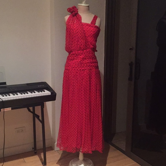 🌹 Silk Red Polka Dot Albert Nipon Evening Dress Pre Owned - Picture 2 of 12